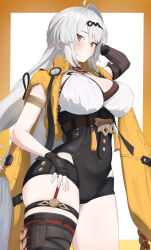 1girl 7neet absurdres asymmetrical_gloves black_shorts elbow_gloves fingerless_gloves gloves high-waist_shorts highres shorts single_elbow_glove single_hair_intake single_thighhigh solo thighhighs uneven_gloves vest white_hair yellow_eyes yellow_vest yi_xuan_(zenless_zone_zero) yin_yang_pin zenless_zone_zero