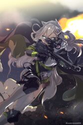1girl aiming animal_ears anti-materiel_rifle black_cape blue_eyes bolt_action braid cape embers girls&#039;_frontline green_cape gun highres holding holding_gun holding_weapon ksvk_(girls&#039;_frontline) ksvk_12.7 long_hair mineta_naoki rifle scope smoke sniper_rifle solo twitter_username two-tone_cape weapon white_hair