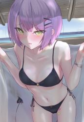 1girl bikini black_bikini blush breasts cleavage demon demon_tail e-wing_(ewingillustrate) green_eyes hair_ornament hairclip heart highres hololive jewelry looking_at_viewer medium_breasts o-ring o-ring_bikini pink_heart purple_hair small_breasts solo swimsuit tail tokoyami_towa virtual_youtuber