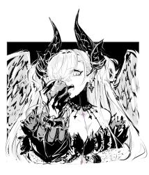 1girl apple breasts cleavage earrings eating fang fate/grand_order fate_(series) food fruit hair_over_one_eye highres holding holding_food holding_fruit horns jewelry lilith_(fate) lilith_(third_ascension)_(fate) long_hair pointy_ears sodamachi twitter_username wings