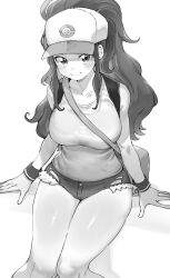 Rule 34 | 1girl, absurdres, bare legs, bare shoulders, blush, breasts, denim, denim shorts, denims, greyscale, hat, highres, hilda (pokemon), long hair, looking at viewer, monochrome, nintendo, niwarhythm, pokemon, pokemon bw, ponytail, shirt, short shorts, shorts, sidelocks, simple background, smile, solo, thighhighs, thighs, white background