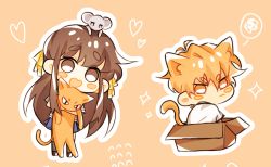 1girl 2boys animal animal_ears animal_on_head blue_skirt box brown_eyes brown_hair cat cat_boy cat_ears cat_tail chibi claireiosity closed_mouth eyebrows frown fruits_basket furrowed_brow hair_between_eyes hair_ribbon heart highres holding holding_animal holding_cat honda_tooru light_blush long_hair looking_at_viewer mouse_(animal) multiple_boys on_head open_mouth orange_background orange_cat orange_eyes orange_hair pale_skin ribbon shirt short_hair short_sleeves skirt sohma_kyou sohma_yuki sparkle speech_bubble tail tongue transformation white_shirt yellow_ribbon