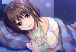 1girl :d aibeya animal_print bed breasts brown_hair cat_print clothed_sex collarbone eyes_visible_through_hair hayami_aki head_on_pillow large_breasts light_blush looking_at_viewer night official_art on_bed on_pillow open_mouth oryo_(oryo04) pillow red_eyes short_hair sleepwear smile solo under_covers variant_set