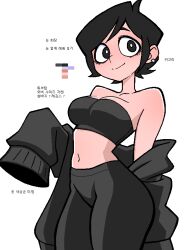 1girl bare_shoulders black_hair black_jacket black_pants black_shirt breasts cleavage color_guide earrings jacket jaggy_lines jewelry ji_heeeeeee looking_at_viewer medium_breasts navel original pants shirt short_hair smile solo strapless tube_top