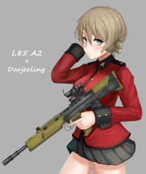 10s 1girl absurdres arm_behind_head assault_rifle black_skirt blonde_hair blue_eyes braid bullpup carbine character_name closed_mouth commentary cowboy_shot cursive darjeeling_(girls_und_panzer) english_text epaulettes female_focus girls_und_panzer grey_background gun highres holding holding_gun holding_weapon jacket l85 light_frown long_sleeves looking_at_viewer machine_gun military military_uniform miniskirt pleated_skirt red_jacket rifle sa80 short_hair simple_background skirt solo squad_automatic_weapon st._gloriana&#039;s_military_uniform tacch trigger_discipline twin_braids weapon