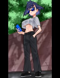 1girl absurdres blue_eyes blue_hair breasts cellphone covered_erect_nipples hair_intakes hand_in_pocket highres hololive hololive_english koizumi_arata large_breasts midriff multicolored_hair navel ouro_kronii pants phone shirt short_hair smartphone solo sunglasses tree underboob virtual_youtuber wall