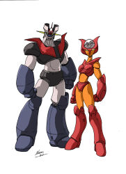1boy 1girl 2010 aphrodai_a armor black_armor blue_armor clenched_hands full_body head_spikes looking_at_viewer mazinger_(series) mazinger_z mazinger_z_(mecha) mecha mecha_focus multicolored_armor nachomon orange_armor red_armor robot robot_girl standing super_robot white_armor yellow_eyes