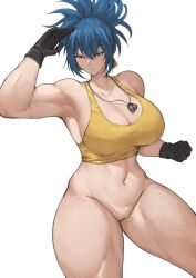 1girl batako_(batakoart) blue_eyes blue_hair breasts curvy earrings fat_mons female_focus gloves huge_breasts jewelry large_breasts leona_heidern long_hair muscular muscular_female no_pants pale_skin ponytail pussy shirt standing tank_top the_king_of_fighters thick_thighs thighs toned toned_female wide_hips
