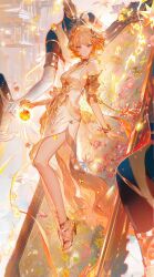 1girl absurdres aglaea_(honkai:_star_rail) bare_shoulders blonde_hair blue_eyes bracelet breasts dress floating flower full_body garmentmaker_(honkai:_star_rail) high_heels highres jewelry looking_at_viewer medium_breasts orange_hair original parted_lips sandals short_hair solo white_dress yangming_li_wan_dianfen_chang