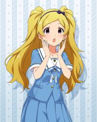 1girl aqua_background aqua_ribbon aqua_shirt aqua_skirt blonde_hair blush cowboy_shot drop_shadow emily_stewart hairband hands_up idolmaster idolmaster_million_live! idolmaster_million_live!_theater_days long_hair looking_at_viewer official_art open_mouth parted_bangs pleated_skirt purple_eyes ribbon sailor_collar shirt short_sleeves skirt solo star_(symbol) summer_junior_highscool_(idolmaster) surprised twintails white_sailor_collar