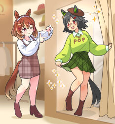 &gt;_o 2girls animal_ears bandaid bandaid_on_face beret black_hair blush boots brown_hair brown_headwear casual changing_room closed_mouth clothes_writing collared_shirt dress finger_frame glasses green_skirt green_sweater hairband hat high_heel_boots high_heels horse_ears horse_girl horse_tail indoors long_sleeves multiple_girls no_shoes north_flight_(umamusume) one_eye_closed ooishi_oil open_mouth pinafore_dress red_dress red_eyes red_socks shirt short_hair skirt skirt_hold sleeveless sleeveless_dress smile socks sparkle standing sweater tail umamusume winning_ticket_(umamusume)