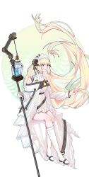 1girl arknights bare_shoulders black_horns blonde_hair blue_eyes blue_fire border chinese_commentary commentary_request dress fire floating_hair full_body hat highres holding holding_lantern horns invisible_chair kneehighs lantern long_hair long_sleeves nightingale_(arknights) outside_border parted_lips pointy_ears sitting socks solo strap train_(clothing) turtleneck turtleneck_dress very_long_hair wangchuan white_border white_dress white_hat white_socks