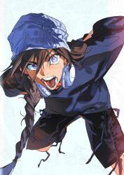 Rule 34 | 1boy, alternate costume, arms behind back, atie1225, beanie, black pants, blue eyes, blue shirt, braid, brown hair, casual, commentary, duo maxwell, gundam, gundam wing, hat, headphones, headphones around neck, highres, long hair, long sleeves, looking at viewer, male focus, open mouth, pants, shirt, shorts, simple background, single braid, solo, symbol-only commentary, teeth, tongue, v-shaped eyebrows, very long hair, white background, white hat
