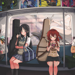 2girls 2others akiyama_mio bag black_eyes black_hair black_socks blush bocchi_the_rock! cellphone closed_mouth collared_shirt commentary crossover english_commentary green_eyes grey_skirt hair_between_eyes highres holding holding_phone k-on! kita_ikuyo kneehighs legs long_hair looking_at_viewer motor_vehicle multiple_girls multiple_others one_side_up phone pleated_skirt red_hair riding sakuragaoka_high_school_uniform school_bag school_uniform scooter serafuku shirt short_sleeves shuka_high_school_uniform sitting skirt smartphone smile socks summer_uniform sweater taqi99 thighs train_interior white_shirt yellow_sweater