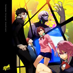 2girls 3boys absurdres alternate_form ayase_momo black_choker black_hair black_nails black_necktie black_pants black_skin blue_jacket blue_skirt bow brown_hair choker collared_shirt colored_skin dandadan dual_persona earrings enjoji_jin evil_eye_(dandadan) expressionless facial_mark frown full_body gakuran hand_up highres jacket jewelry kami_high_school_uniform leaning long_sleeves looking_at_viewer looking_up miniskirt monitor multicolored_skin multiple_boys multiple_girls nail_polish necktie orange_eyes pale_skin pants parody persona persona_4 piercing pink_hair pink_sweater red_bow round_eyewear school_uniform shiratori_aira_(dandadan) shirt short_hair skirt smile standing sweater takakura_ken_(dandadan) takakura_ken_(transformed)_(dandadan) television third_eye topless_male two-tone_skin v-shaped_eyebrows white_hair white_shirt white_skin yuqi_non