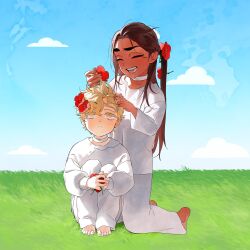 1boy 1girl absurdres alien_stage anemone_(flower) barefoot blonde_hair brown_hair closed_eyes closed_mouth cloud collar colored_eyelashes dark-skinned_female dark_skin flower grass hair_flower hair_ornament happy highres holding holding_flower hyuna_(alien_stage) kneeling long_hair long_sleeves looking_up luka_(alien_stage) official_art on_grass one_side_up open_mouth pants red_flower shirt short_hair sitting sky smile thick_eyebrows white_collar white_pants white_shirt yellow_eyes