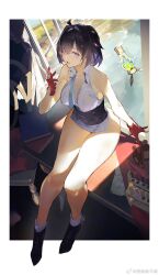 Rule 34 | 1girl, ahoge, atelier (series), atelier yumia, backlighting, bare shoulders, black hair, black shoes, book, book stack, border, breasts, chair, cleavage, cosmetics, desk, eyyy, from above, gloves, grey corset, highres, holding, holding lipstick tube, indoors, large breasts, lipstick, lipstick tube, looking at viewer, makeup, mole, mole under eye, no pants, oil lamp, on desk, open mouth, outside border, partially fingerless gloves, purple eyes, purple hair, red gloves, shirt, shoes, short hair, sitting, sleeveless, sleeveless shirt, solo, test tube, thick thighs, thighs, watermark, weibo watermark, white border, white shirt, yumia liessfeldt