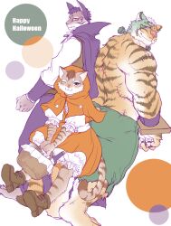 3boys animal_ears bara barefoot basket blush capelet cat_boy cat_ears cat_tail chillasan claws closed_mouth commentary_request cosplay frankenstein&#039;s_monster frankenstein&#039;s_monster_(cosplay) from_behind furry furry_male green_pants happy_halloween holding holding_basket hood hood_up hooded_capelet leopard_boy leopard_ears likulau_(nekojishi) lin_hu_(nekojishi) little_red_riding_hood_(fairy_tale_character) little_red_riding_hood_(fairy_tale_character)_(cosplay) looking_at_viewer looking_back male_focus multiple_boys muscular muscular_male nekojishi one_eye_closed pants popped_collar shu_chi_(nekojishi) smile stitched_torso stitches tail tiger_boy tiger_ears tiger_stripes tiger_tail topless_male vampire_costume