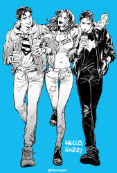 1girl 2022 2boys batman batman_(series) blue_background blue_theme bracelet bruce_wayne choker clark_kent closed_eyes crop_top cup dc_comics diana_prince disposable_cup drinking drinking_straw earrings greyscale greyscale_with_colored_background haining hand_in_pocket happy_new_year holding holding_cup hood hood_down hoodie jacket jewelry long_hair looking_at_viewer monochrome multiple_boys navel new_year open_clothes open_jacket open_mouth pants sandals shirt short_hair sideburns simple_background smile star_(symbol) star_choker star_earrings superman superman_(series) teeth wonder_woman wonder_woman_(series)