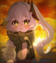 1girl alternate_costume arm_behind_back blurry blush bright_pupils child cloud cloudy_sky cross-shaped_pupils depth_of_field dot_nose foreshortening genshin_impact gold_trim gradient_sky green_eyes green_hair hair_between_eyes hair_intakes hair_ornament highres horizon jacket kyanonpan50 leaf_hair_ornament lens_flare light_particles long_hair looking_at_viewer mittens multicolored_hair nahida_(genshin_impact) nose_blush open_mouth pointy_ears raised_eyebrows reaching reaching_towards_viewer side_ponytail sidelocks sky streaked_hair sunlight sunset symbol-shaped_pupils twitter_username two-tone_hair white_hair white_jacket