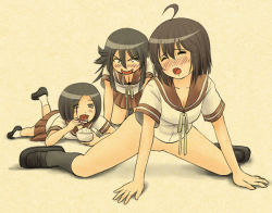 Rule 34 | 3girls, ahoge, all fours, black hair, blush, bottomless, bowl, breasts, chiru roshutsu, chopsticks, cleavage, closed eyes, clothes lift, collarbone, embarrassed, female focus, grin, hair between eyes, kneehighs, leg up, loafers, looking back, lying, medium breasts, medium hair, multiple girls, on stomach, open mouth, original, pleated skirt, pussy, rice bowl, sailor collar, saliva, school uniform, serafuku, shoes, short hair, sidelocks, skirt, skirt lift, smile, socks, spread legs, takapi (chimee house), thighs