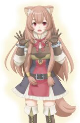 Rule 34 | 1girl, animal ear fluff, animal ears, armor, belt, black belt, black dress, blunt bangs, boots, breastplate, breasts, brown boots, brown gloves, brown hair, collared dress, commentary request, dress, elbow gloves, gloves, hands up, high collar, highres, leather armor, long hair, long sleeves, looking at viewer, medium breasts, metal arm cuffs, metal wrist cuffs, neck ribbon, open mouth, pauldrons, raccoon ears, raccoon girl, raccoon tail, raphtalia, red dress, red eyes, red ribbon, ribbon, short dress, shoulder armor, single pauldron, sleeveless, sleeveless dress, solo, straight-on, straight hair, striped clothes, striped dress, t2r, tail, tate no yuusha no nariagari, thigh boots, thighhighs, two-tone background, two-tone dress, vertical-striped clothes, vertical-striped dress, white background, white dress, yellow background, zettai ryouiki