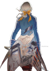 1boy bicorne blood blue_coat bow cannon coat cowboy_shot double_exposure facing_away fire flag french_revolution from_behind guillotine hair_bow hat highres holding holding_hands holding_sword holding_weapon identity_v joseph_desaulniers long_hair long_sleeves low_ponytail male_focus polearm ponytail pool_of_blood simple_background sleeve_cuffs smoke solo spear standing sukehige sword torn_flag twitter_username weapon white_background white_hair yellow_bow