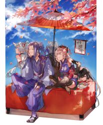 2boys 3girls black_eyes black_hair black_thighhighs closed_eyes commentary_request dango detached_sleeves eyepatch fate/grand_order fate_(series) food grey_hair hakama head_rest highres indian_style japanese_clothes leaf long_hair miyamoto_musashi_(fate) miyamoto_musashi_(first_ascension)_(fate) mochizuki_chiyome_(fate) multiple_boys multiple_girls oil-paper_umbrella pink_hair plate ponytail purple_hair purple_hakama sandals sanshoku_dango sasaki_kojirou_(fate) sitting thighhighs tomoe_gozen_(fate) tomoe_gozen_(first_ascension)_(fate) translation_request umbrella wagashi waltz_(tram) wide_sleeves yagyuu_munenori_(fate)