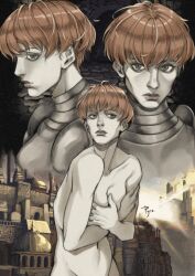 Rule 34 | 1girl, armor, artist name, blue eyes, boobplate, bowl cut, breastplate, building, castle, closed mouth, commentary, covering breasts, covering privates, d&#039;arce (fear &amp; hunger), english commentary, fear &amp; hunger (series), fear &amp; hunger 1, highres, knight, nude, orange hair, pyro cri, short hair, solo
