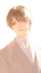 1boy absurdres brown_eyes brown_hair brown_kimono chou_no_doku_hana_no_kusari closed_mouth eyes_visible_through_hair highres japanese_clothes kimono longchengheipaoe looking_to_the_side majima_yoshiki male_focus shirt shirt_under_kimono short_hair sideways_glance solo upper_body white_shirt