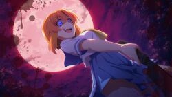:d blood blue_eyes blue_sailor_collar blue_sky cowboy_shot crazy_smile from_below from_side full_moon game_cg highres higurashi_no_naku_koro_ni higurashi_no_naku_koro_ni_mei holding holding_weapon miniskirt moon nata_(tool) necktie non-web_source official_art open_mouth orange_hair outdoors pleated_skirt red_theme ryuuguu_rena sailor_collar shirt short_hair short_sleeves skirt sky smile standing teeth weapon white_shirt yellow_necktie
