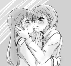 Rule 34 | 2girls, 321dousei, after kiss, bang dream!, bang dream! it&#039;s mygo!!!!!, blush, collared shirt, commentary request, ear blush, eye contact, greyscale, hanasakigawa school uniform, hand on another&#039;s face, haneoka school uniform, highres, long hair, long sleeves, looking at another, monochrome, multiple girls, necktie, open mouth, saliva, saliva trail, school uniform, shiina taki, shirt, short hair, takamatsu tomori, tongue, tongue out, yuri