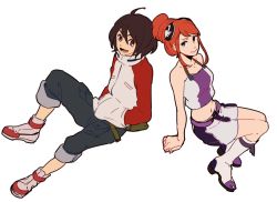 1boy 1girl aida_rayhunton bellri_zenam black_hair cosplay creator_connection eureka_seven_(series) gundam gundam_g_no_reconguista hands_in_pockets orange_hair red_eyes renton_thurston renton_thurston_(cosplay) short_hair short_shorts shorts smile talho_yuuki talho_yuuki_(cosplay) tank_top ume-bayashi