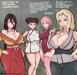Rule 34 | 4girls, arachnart, areola slip, blonde hair, boruto: naruto next generations, breasts, brown hair, cleavage, closed mouth, double bun, english text, facial mark, forehead jewel, forehead mark, hair between eyes, hair bun, haruno sakura, highres, huge breasts, hyuuga hanabi, large breasts, long hair, multiple girls, naruto (series), pink hair, tenten (naruto), tsunade (naruto), unusual pupils