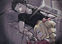 Rule 34 | 1boy, 1girl, age difference, beatrice (re:zero), bed, black hair, blonde hair, blue eyes, capelet, closed eyes, dress, drooling, maryhan52, natsuki subaru, re:zero kara hajimeru isekai seikatsu, red dress, scratches, self-harm, shirt, sleeping, t-shirt, teenage boy and younger girl