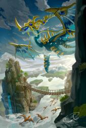 absurdres aqua_skin armor blue_gemstone blue_skin blue_tongue blue_wings bridge cloud cloudy_sky colored_skin colored_tongue facial_mark flippers floating_island flying gem gold_armor gold_teeth grey_wings highres horns landscape monster monster_focus mountain multiple_horns narumi_hyou no_humans orange_skin original signature sky spines talons teeth tree water waterfall wings
