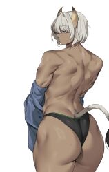 1girl absurdres ass back back_muscles black_panties closed_mouth from_behind grey_hair highres horns muscular muscular_female original panties revision short_hair simple_background solo tail underwear urec white_background