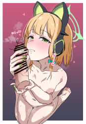 1boy 1girl animal_ears aqua_bow blonde_hair blue_archive blush border bow breasts cat_ears collarbone commentary completely_nude fake_animal_ears green_eyes green_halo green_nails hair_bow halo handjob midori_(blue_archive) mitsuame_miiro navel nipples nude penis small_breasts translated white_border