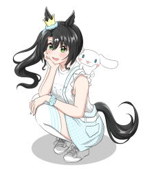 1girl :3 :d absurdres abyss_kpn_(ki) animal_ears black_hair blue_scrunchie blue_skirt cinnamoroll creature creature_on_shoulder crown ear_ornament ear_through_crown from_side full_body fuwa_fuwa_cinnamoroll green_eyes hair_between_eyes highres horse_ears horse_girl horse_tail long_hair looking_ahead looking_at_viewer mini_crown multicolored_hair on_shoulder open_mouth sanrio satono_crown_(umamusume) scrunchie shirt shoes side_ponytail simple_background skirt smile sneakers squatting streaked_hair tail thighhighs umamusume white_background white_hair white_shirt white_thighhighs wrist_scrunchie