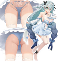 1girl a_san_san absurdres aether_gazer ass black_bow blue_bow blue_dress blue_hair blue_panties bow brahma_(aether_gazer) braid breasts cameltoe dress finger_to_mouth from_below gradient_hair green_eyes green_hair groin hair_bow highres large_breasts long_hair low_twin_braids multicolored_hair multiple_views panties short_dress shushing simple_background solo thighhighs twin_braids underwear very_long_hair white_background white_thighhighs