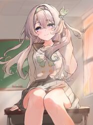 black_hairband black_ribbon blush board_eraser bow bowtie buttons chalkboard classroom closed_mouth collared_shirt curtains desk double-breasted firefly_(honkai:_star_rail) firefly_(spring_missive)_(honkai:_star_rail) gradient_hair green_bow green_bowtie grey_hair grey_pupils grey_sailor_collar grey_skirt grey_sleeve_cuffs hair_between_eyes hair_intakes hair_ornament hairband hand_in_own_hair highres honkai:_star_rail honkai_(series) long_hair long_sleeves multicolored_eyes multicolored_hair on_desk plaid_bow plaid_bowtie plaid_clothes pleated_skirt ribbon sailor_collar shirt shyaruru sitting skirt smile thighs two-tone_eyes white_shirt white_sleeves window