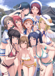 6+girls :d arm_up bangle bare_arms bikini bikini_skirt blonde_hair blue_eyes blue_sky blunt_bangs bow bow_bikini bracelet breasts clenched_hand closed_mouth clothing_cutout cloud collarbone criss-cross_halter crop_top earrings floral_print flower frilled_bikini frilled_skirt frills green_eyes group_picture hair_bun hair_ornament hair_scrunchie hairclip halterneck hand_on_own_hip hat headdress high_ponytail highres japanese_house jewelry kunikida_hanamaru kurosawa_dia kurosawa_ruby layered_bikini leaning_forward looking_at_viewer looking_to_the_side love_live! love_live!_sunshine!! matsuura_kanan medium_breasts mole mole_under_mouth mountain multi-strapped_bikini_bottom multi-strapped_bikini_top multiple_girls nail_polish navel official_alternate_hairstyle ohara_mari open_mouth orange_hair outdoors pendant pink_eyes pleated_skirt ponytail purple_eyes red_eyes red_hair sailor_bikini sailor_collar sailor_hat sakurauchi_riko scrunchie shamakho short_hair short_sleeves shoulder_cutout side-tie_bikini_bottom single_hair_bun skindentation skirt sky small_breasts smile sun_hat swimsuit takami_chika teeth thigh_strap tree tsushima_yoshiko upper_teeth_only v watanabe_you watermark white_bikini yellow_bow yellow_eyes