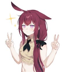 1girl absurdres animal_ears arknights bare_arms bare_shoulders bow breasts brown_shirt closed_mouth collared_shirt crop_top double_v hair_bow hair_over_shoulder hands_up highres long_hair medium_breasts midriff navel neckerchief purple_eyes rabbit_ears ray_(arknights) red_hair shirt simple_background sleeveless sleeveless_shirt solo sparkle stomach upper_body v v-shaped_eyebrows white_background zapik