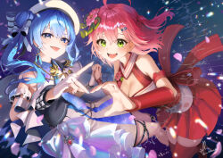 2girls :d :p ahoge beret blue_eyes blue_hair blue_nails blue_necktie bracer breasts brooch cleavage collared_shirt commentary_request detached_sleeves double-parted_bangs epaulettes fingerless_gloves flower gloves green_eyes hair_between_eyes hair_bun hair_flower hair_ornament hairclip hakama hakama_short_skirt hakama_skirt half-heart_hands hat high-waist_skirt highres hololive hoshimachi_suisei hoshimachi_suisei_(supernova) idol_clothes japanese_clothes jewelry kimono kito_koruta long_hair looking_at_viewer medium_breasts multiple_girls necktie obi official_alternate_costume one_side_up open_mouth pink_hair pleated_skirt puffy_detached_sleeves puffy_sleeves red_skirt red_thighhighs sakura_miko sakura_miko_(old_design) sash shirt side_cape side_ponytail side_up_bun single_epaulette single_sidelock skirt sleeveless sleeveless_shirt smile solo star_(symbol) star_brooch star_in_eye symbol_in_eye thigh_strap thighhighs tongue tongue_out virtual_youtuber white_gloves white_hat white_kimono white_shirt white_skirt