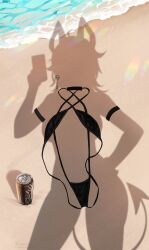 1girl absurdres ahoge arm_strap beach black_one-piece_swimsuit breasts can cellphone commentary curled_horns demon_tail dressed_shadow_(meme) drink_can earrings foxyreine hand_on_own_hip hand_up highres holding holding_phone horns jewelry key_earrings large_breasts long_hair meme one-piece_swimsuit outdoors phone sand shore signature single_earring smartphone solo swimsuit tail unworn_clothes unworn_earring unworn_swimsuit water watermark web_address wuthering_waves zani_(wuthering_waves)