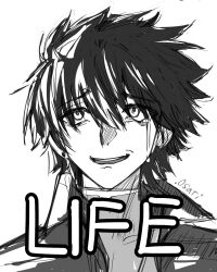 .osari 1boy commentary crying crying_with_eyes_open english_commentary english_text greyscale highres jacket looking_up male_focus male_rover_(wuthering_waves) monochrome open_mouth portrait rover_(wuthering_waves) shirt simple_background smile solo tears white_background wuthering_waves