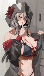 1girl absurdres bikini black_bikini black_collar black_hair black_jacket blush breasts collar finger_to_mouth grey_hair hashtag-only_commentary highres hololive hood index_finger_raised jacket large_breasts looking_at_viewer medium_hair multicolored_hair navel nekoshima_kaede open_clothes open_jacket red_eyes sakamata_chloe sakamata_chloe_(1st_costume) shushing solo streaked_hair swimsuit virtual_youtuber