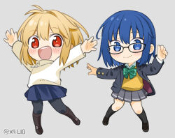 2girls :d ahoge arcueid_brunestud arms_at_sides black_pantyhose blonde_hair blue_eyes blue_hair blue_skirt blush boots bow bowtie brown_boots chibi ciel_(tsukihime) glasses green_bow green_bowtie highres jacket jewelry kneehighs multiple_girls necklace open_hands open_mouth pantyhose red_eyes sakake_asobi school_uniform shoes short_hair simple_background skirt smile socks souya_high_school_uniform sweater tsukihime tsukihime_(remake) turtleneck turtleneck_sweater vest