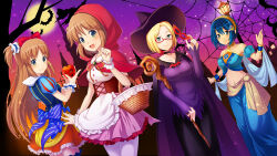 4girls :d absurdres apple apron basket bat_(animal) blonde_hair blue_eyes blue_hair blue_skirt blush breasts brown_hair castle choker claudia_madobe clover_hair_ornament dress food four-leaf_clover_hair_ornament fruit full_moon glasses hair_ornament hair_ribbon hairband halloween halloween_costume hat headscarf highres holding holding_basket holding_food holding_fruit holding_staff lamp long_hair long_skirt looking_at_viewer madobe_ai madobe_nanami madobe_yuu medium_breasts microsoft_windows moon multicolored_eyes multiple_girls official_art official_wallpaper open_mouth orange_hairband os-tan outdoors personification pink_dress red_headscarf ribbon short_hair siblings side_ponytail silk sisters skirt sky small_breasts smile spider_web staff star_(sky) starry_sky thighhighs tree white_thighhighs windows_7 windows_8 windows_azure witch_hat