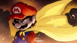 1boy brandon_santiago brown_hair cape cape_mario commentary derivative_work english_commentary facial_hair glaring glowing glowing_eyes hat highres male_focus mario mario_(series) mustache nintendo outdoors overalls screenshot_redraw short_hair solo super_mario_world yellow_cape yellow_eyes
